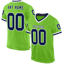 Load image into Gallery viewer, Custom Neon Green Navy-White Mesh Authentic Throwback Football Jersey