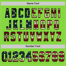 Load image into Gallery viewer, Custom Neon Green Vintage USA Flag Black-Old Gold Mesh Authentic Throwback Football Jersey