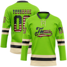 Load image into Gallery viewer, Custom Neon Green Vintage USA Flag Black-Cream Hockey Lace Neck Jersey