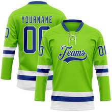 Load image into Gallery viewer, Custom Neon Green Royal-White Hockey Lace Neck Jersey