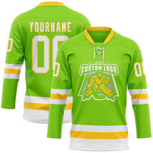 Load image into Gallery viewer, Custom Neon Green White-Yellow Hockey Lace Neck Jersey