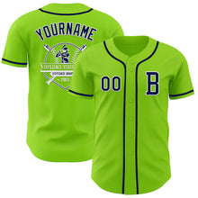 Load image into Gallery viewer, Custom Neon Green Navy-White Authentic Baseball Jersey