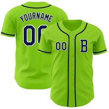Load image into Gallery viewer, Custom Neon Green Navy-White Authentic Baseball Jersey