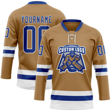 Load image into Gallery viewer, Custom Old Gold Royal-White Hockey Lace Neck Jersey