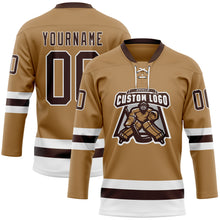 Load image into Gallery viewer, Custom Old Gold Brown-White Hockey Lace Neck Jersey