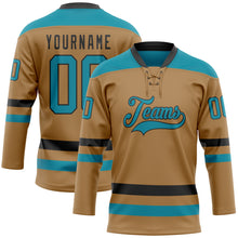 Load image into Gallery viewer, Custom Old Gold Teal-Black Hockey Lace Neck Jersey