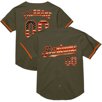 Custom Olive Vintage USA Flag-Orange Mesh Authentic Throwback Salute To Service Baseball Jersey