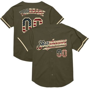 Custom Olive Vintage USA Flag-Cream Mesh Authentic Throwback Salute To Service Baseball Jersey
