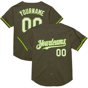 Custom Olive White-Neon Green Mesh Authentic Throwback Salute To Service Baseball Jersey