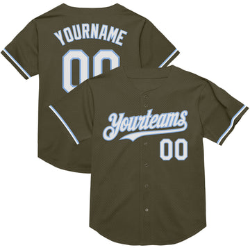 Custom Olive White-Light Blue Mesh Authentic Throwback Salute To Service Baseball Jersey