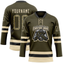 Load image into Gallery viewer, Custom Olive Camo Black-Cream Salute To Service Hockey Lace Neck Jersey