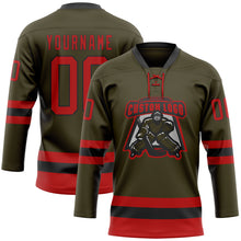 Load image into Gallery viewer, Custom Olive Red-Black Salute To Service Hockey Lace Neck Jersey