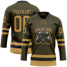 Load image into Gallery viewer, Custom Olive Old Gold-Black Salute To Service Hockey Lace Neck Jersey