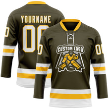 Load image into Gallery viewer, Custom Olive White-Gold Salute To Service Hockey Lace Neck Jersey