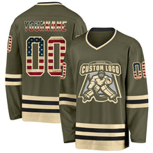 Load image into Gallery viewer, Custom Olive Vintage USA Flag Cream-Black Salute To Service Hockey Jersey