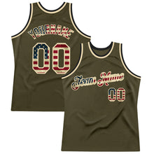 Load image into Gallery viewer, Custom Olive Vintage USA Flag Cream-Black Authentic Throwback Salute To Service Basketball Jersey