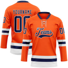 Load image into Gallery viewer, Custom Orange Navy-White Hockey Lace Neck Jersey