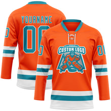 Load image into Gallery viewer, Custom Orange Teal-White Hockey Lace Neck Jersey