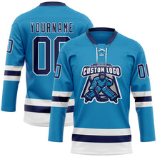 Load image into Gallery viewer, Custom Panther Blue Navy-White Hockey Lace Neck Jersey