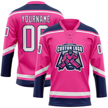 Load image into Gallery viewer, Custom Pink White-Navy Hockey Lace Neck Jersey