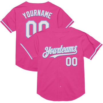 Custom Pink White-Light Blue Mesh Authentic Throwback Baseball Jersey