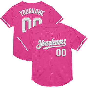 Custom Pink White-Gray Mesh Authentic Throwback Baseball Jersey