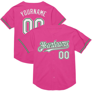Custom Pink White-Green Mesh Authentic Throwback Baseball Jersey