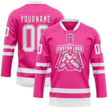 Load image into Gallery viewer, Custom Pink White Hockey Lace Neck Jersey