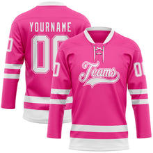 Load image into Gallery viewer, Custom Pink White Hockey Lace Neck Jersey