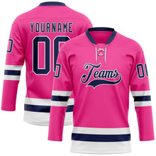 Load image into Gallery viewer, Custom Pink Navy-White Hockey Lace Neck Jersey