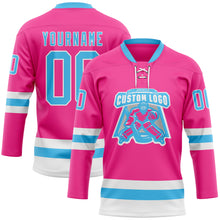 Load image into Gallery viewer, Custom Pink Sky Blue-White Hockey Lace Neck Jersey