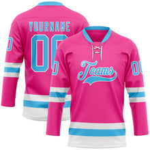 Load image into Gallery viewer, Custom Pink Sky Blue-White Hockey Lace Neck Jersey