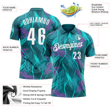 Load image into Gallery viewer, Custom Teal Medium Purple-White 3D Bowling Line Performance Polo Shirt