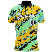 Load image into Gallery viewer, Custom Black Pea Green Ice Blue-Gold 3D Bowling Abstract Grunge Art Performance Polo Shirt