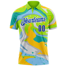 Load image into Gallery viewer, Custom Neon Green Thunder Blue Yellow-Aqua 3D Bowling Splash Ink Performance Polo Shirt