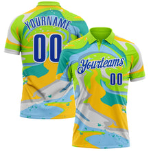 Load image into Gallery viewer, Custom Neon Green Thunder Blue Yellow-Aqua 3D Bowling Splash Ink Performance Polo Shirt