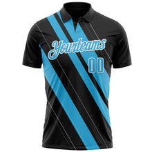 Load image into Gallery viewer, Custom Black Sky Blue-White 3D Bowling Line Shape Performance Polo Shirt