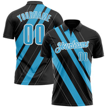Load image into Gallery viewer, Custom Black Sky Blue-White 3D Bowling Line Shape Performance Polo Shirt