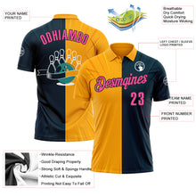 Load image into Gallery viewer, Custom Navy Pink Gold-Black 3D Bowling Performance Polo Shirt