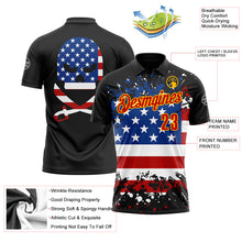 Load image into Gallery viewer, Custom Black Red-Gold 3D Cornhole American Flag Skull Performance Polo Shirt
