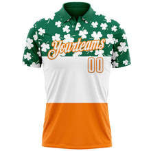 Load image into Gallery viewer, Custom Kelly Green White-Bay Orange 3D St. Patrick's Day Shamrock Performance Polo Shirt