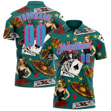 Load image into Gallery viewer, Custom Teal Sky Blue-Pink 3D Gambling Poker Performance Polo Shirt