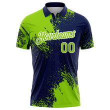 Load image into Gallery viewer, Custom Neon Green Navy-White 3D Pattern Design Abstract Brush Stroke Performance Polo Shirt