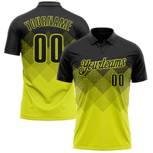 Load image into Gallery viewer, Custom Black Neon Yellow 3D Gradient Square Shape Performance Polo Shirt