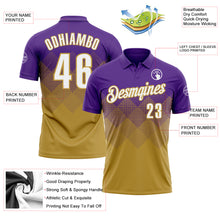 Load image into Gallery viewer, Custom Purple White-Old Gold 3D Gradient Square Shape Performance Polo Shirt
