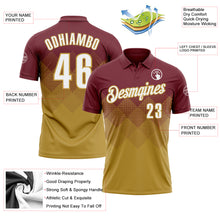 Load image into Gallery viewer, Custom Burgundy White-Old Gold 3D Gradient Square Shape Performance Polo Shirt