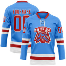 Load image into Gallery viewer, Custom Sky Blue Red-White Hockey Lace Neck Jersey