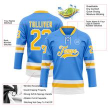 Load image into Gallery viewer, Custom Sky Blue Gold-White Hockey Lace Neck Jersey