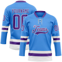 Load image into Gallery viewer, Custom Sky Blue Purple-White Hockey Lace Neck Jersey