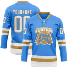 Load image into Gallery viewer, Custom Sky Blue White-Old Gold Hockey Lace Neck Jersey